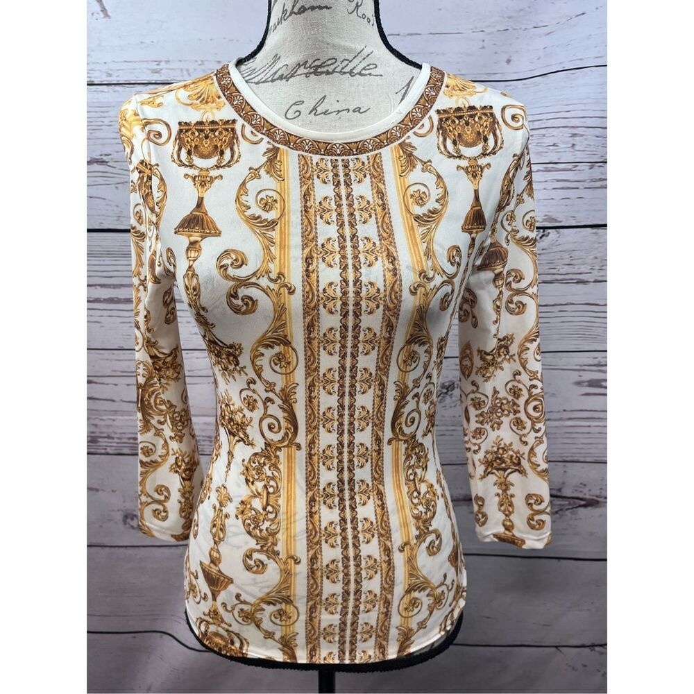Jealous Tomato Womens Baroque Print Mesh Top Gold Cream 3/4 Sleeve JT8952 Medium